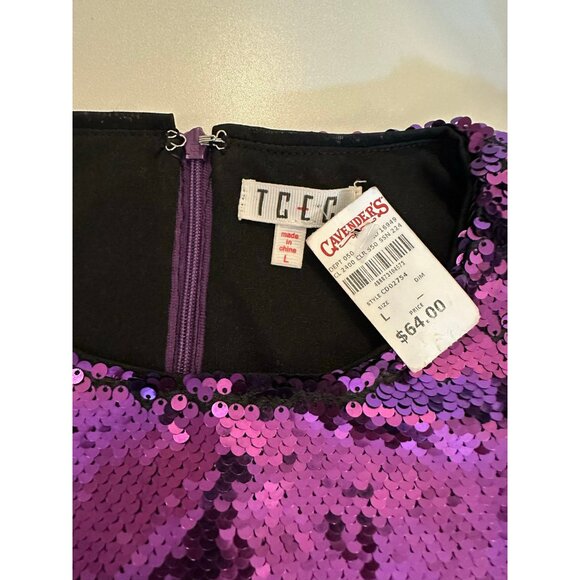 Purple Sequin Party Dress L Puff Sleeve Holiday Cocktail Glam Sparkle Mini - Picture 3 of 5